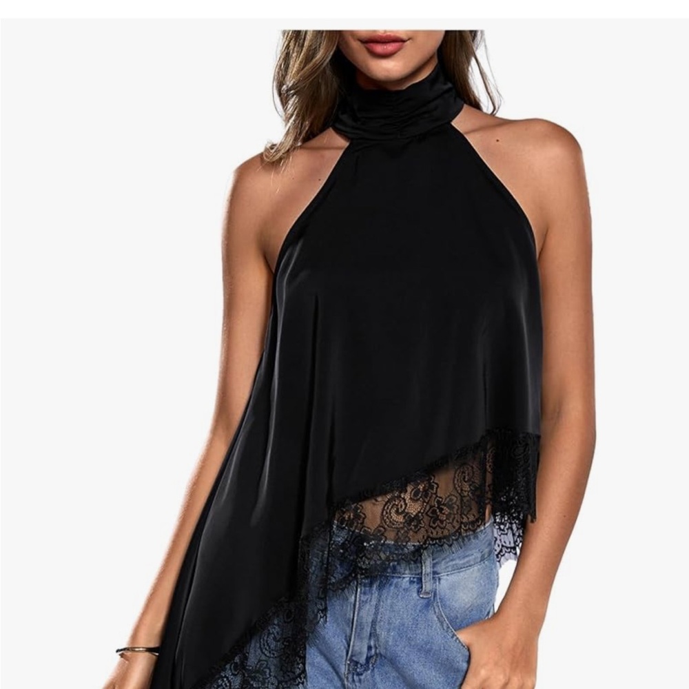 Elegant Black Halter Top with Lace Trim